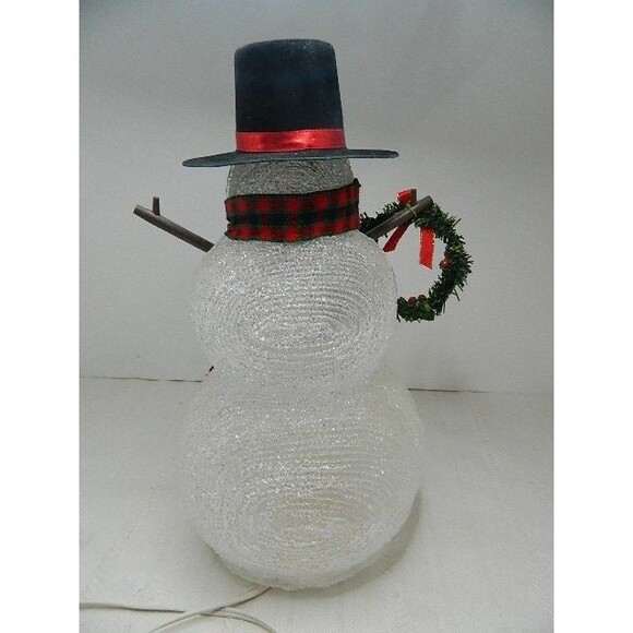 Vintage 13" Light Up Snowman w/Top Hat & Wreath Stick Arms & Scarf - Picture 6 of 12